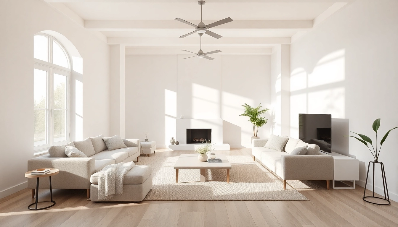 Transform your entire interior with a modern minimalist living room featuring soft white walls and warm natural light.