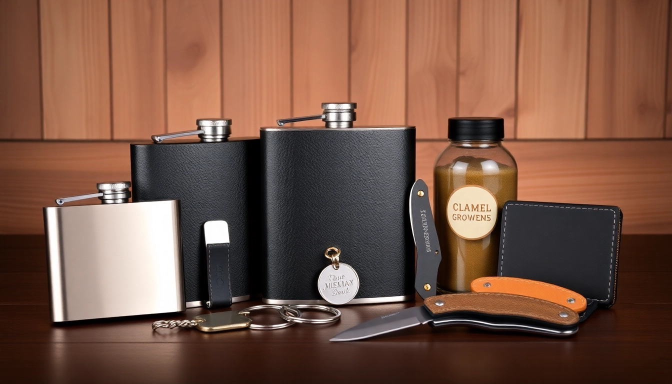 Explore an array of cheap groomsmen gifts featuring personalized flasks and keychains in a warm, inviting setting.