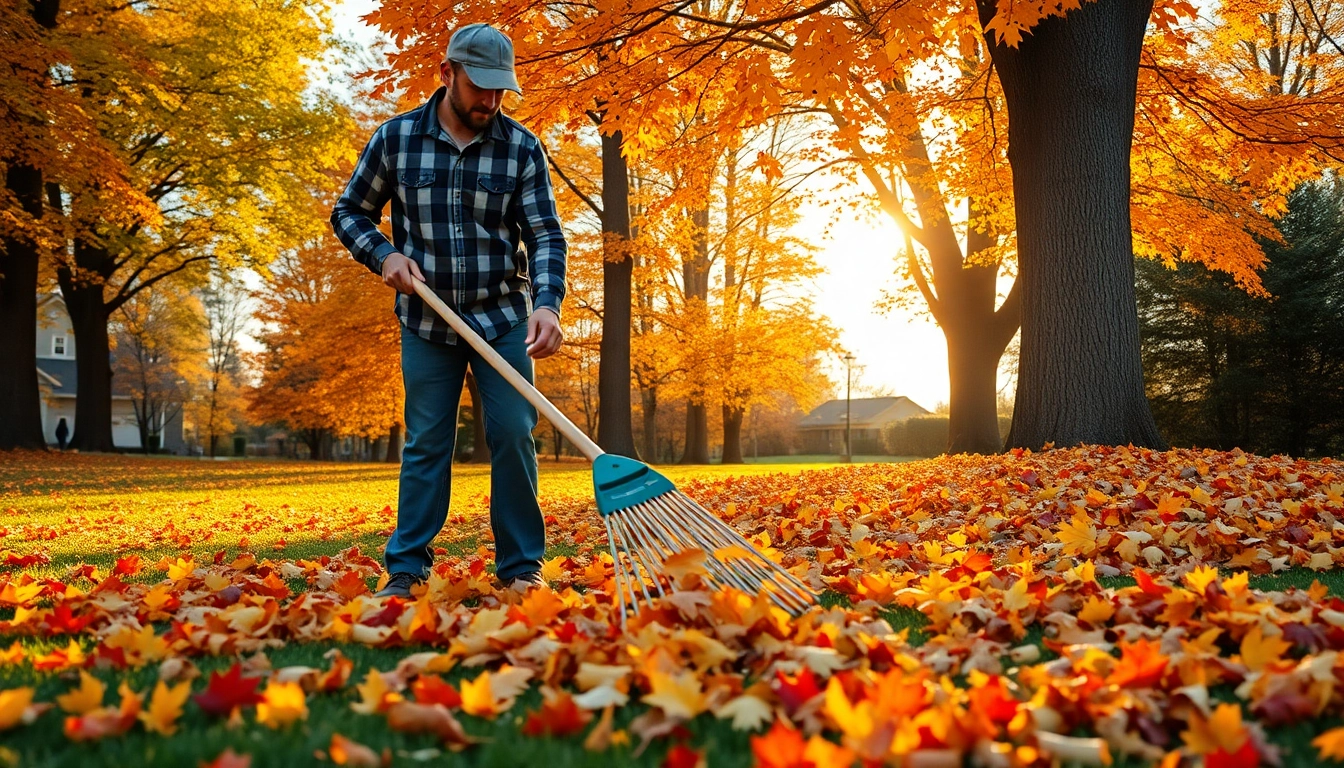 Efficient fall clean up with a professional landscaper raking colorful autumn leaves.