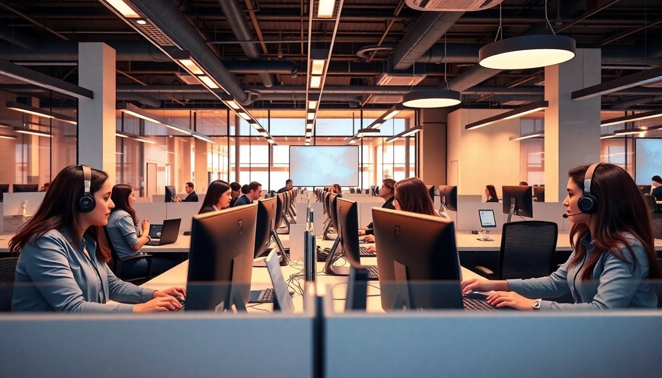 Agents at a call center in Tijuana engaging with clients on calls, showcasing a modern and professional environment.