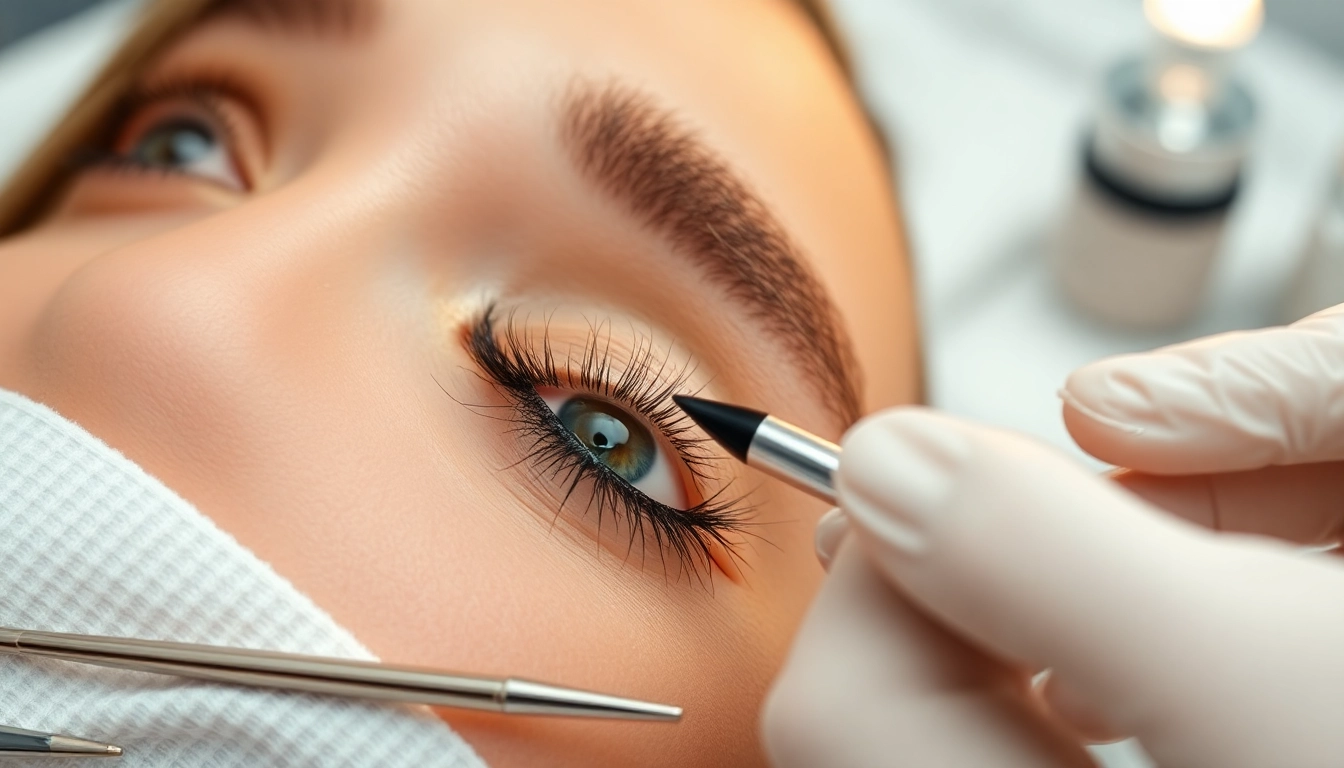 Beautician applying eyelash tint for vibrant, defined lashes in a serene salon setting.