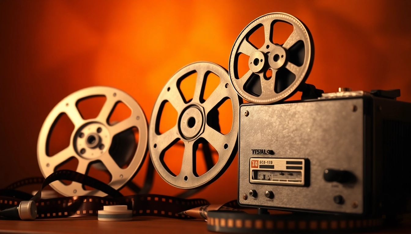 Download timeless public domain movies showcasing classic film reels and a vintage projector.