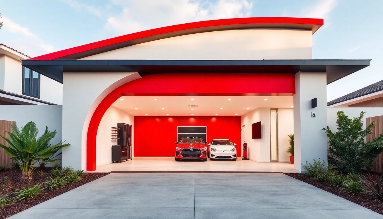 Stunning custom garages showcasing a modern architectural design with vibrant colors and functional layout.