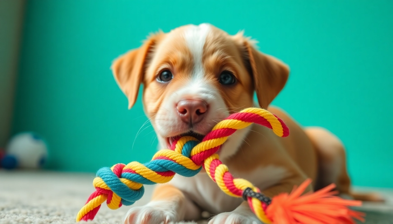 Engaging puppy playing with vibrant pet toys, showcasing fun and interactive design.