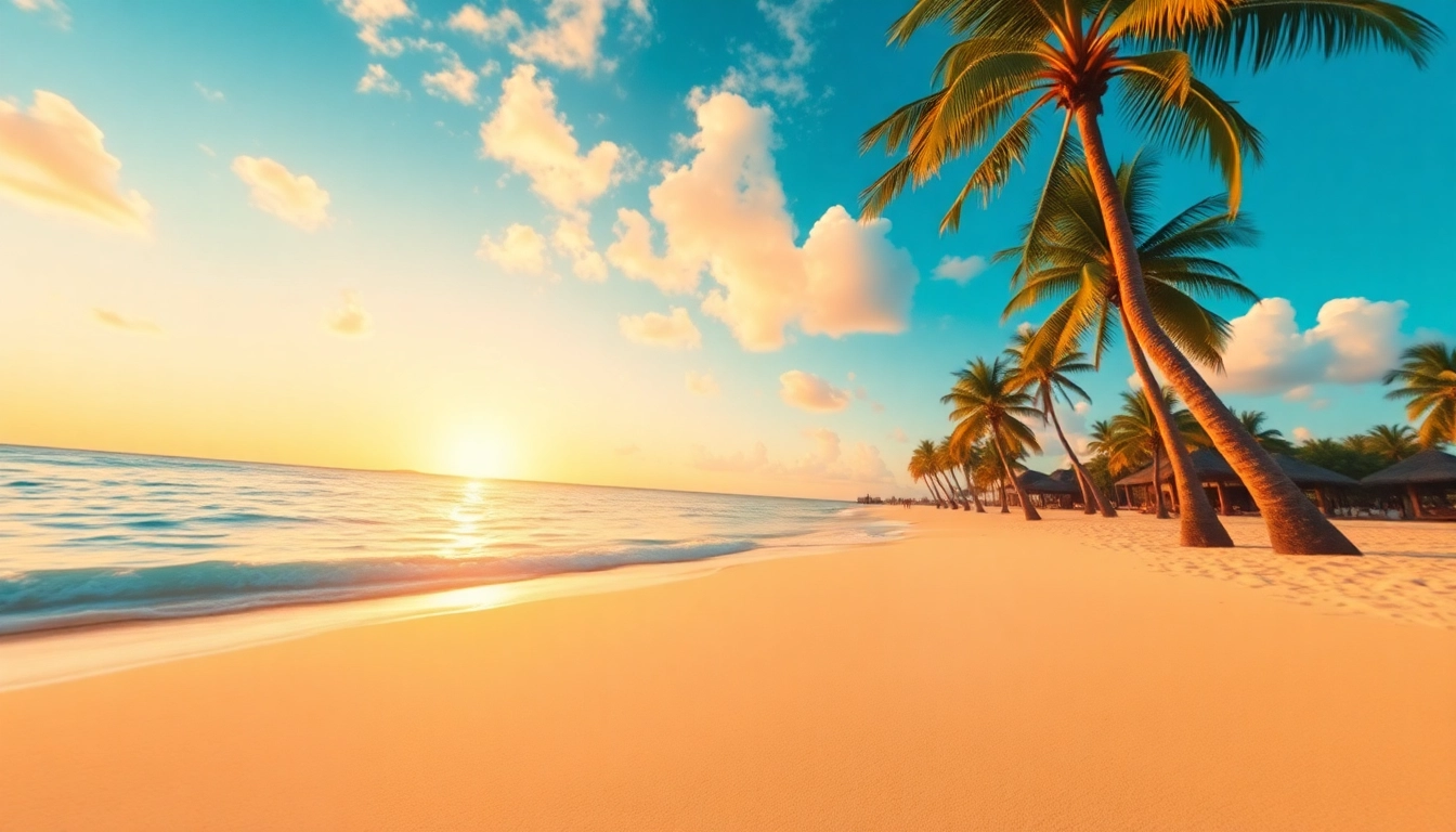 Visit Here to enjoy a tranquil beach scene with palm trees and a vibrant sunset.