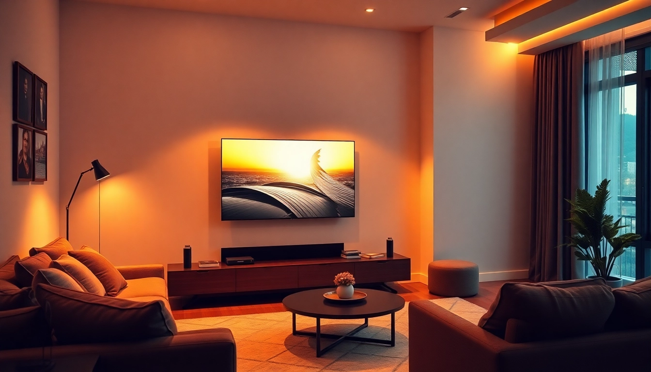 Professional TV mounting installation service showcasing a sleek, wall-mounted TV in a modern living room.