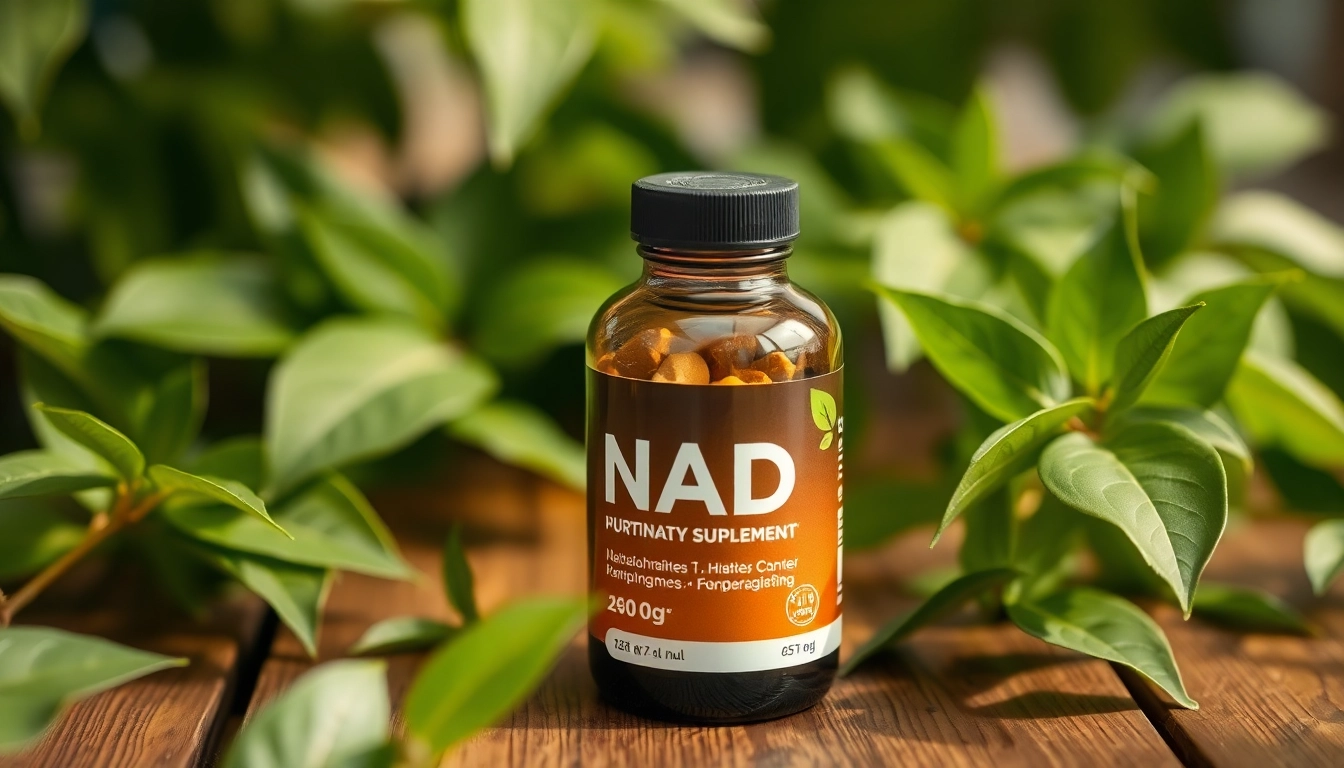 Showcase NAD Supplement bottle beside fresh green leaves, highlighting its natural health benefits.