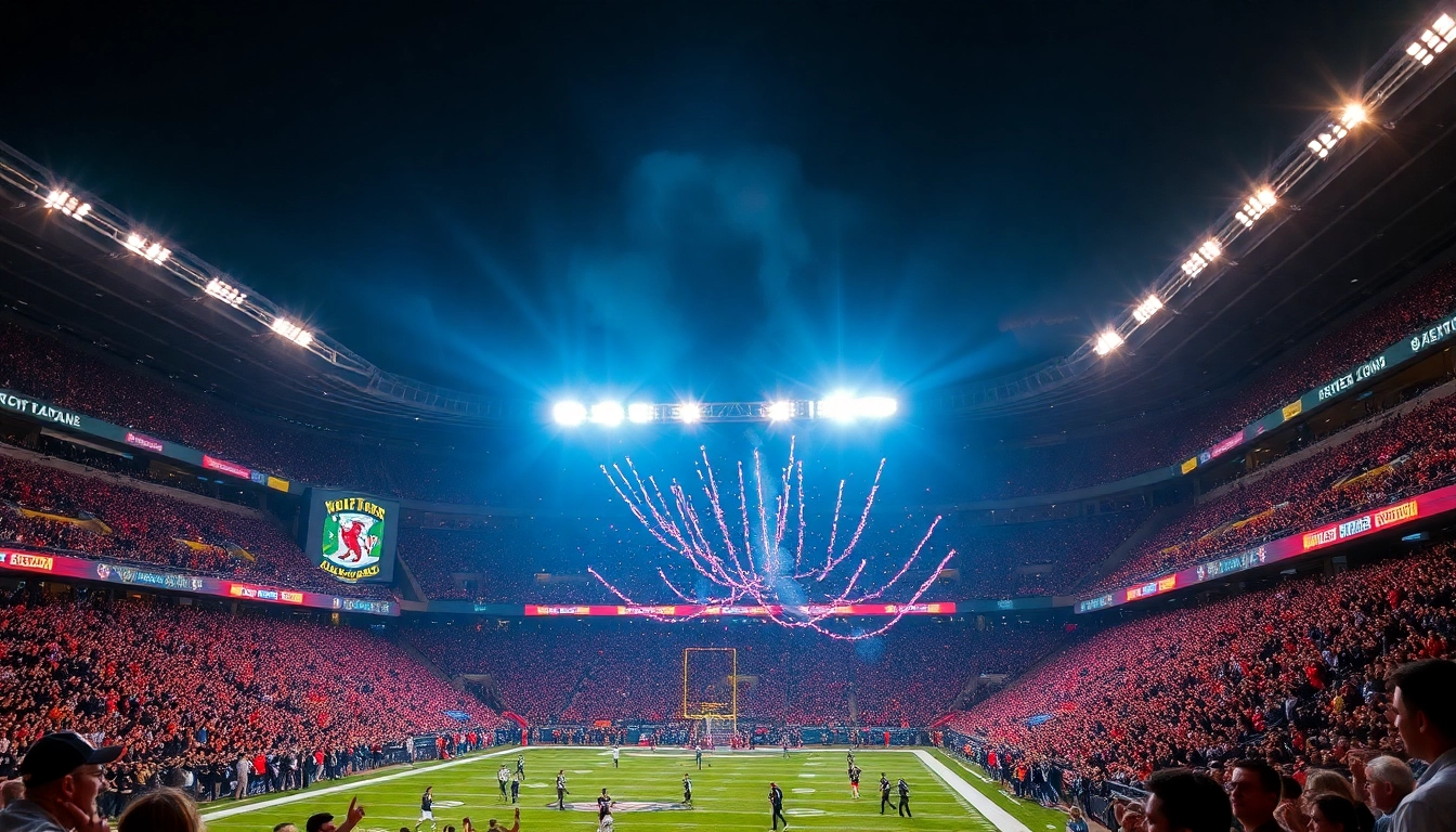 Halftime celebration in a bustling stadium, showcasing fans enjoying the festive atmosphere during a game.