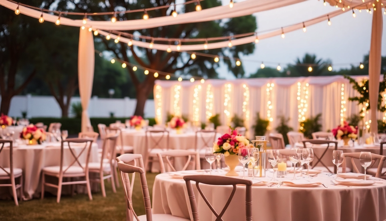 Rent chairs and tables for your next event, featuring elegantly arranged outdoor settings with floral decor.