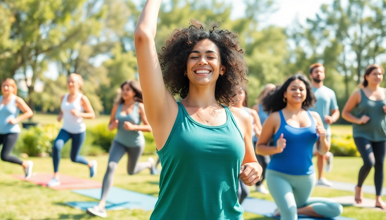 Encourage a healthy lifestyle with people practicing yoga and jogging under the sun for their health.