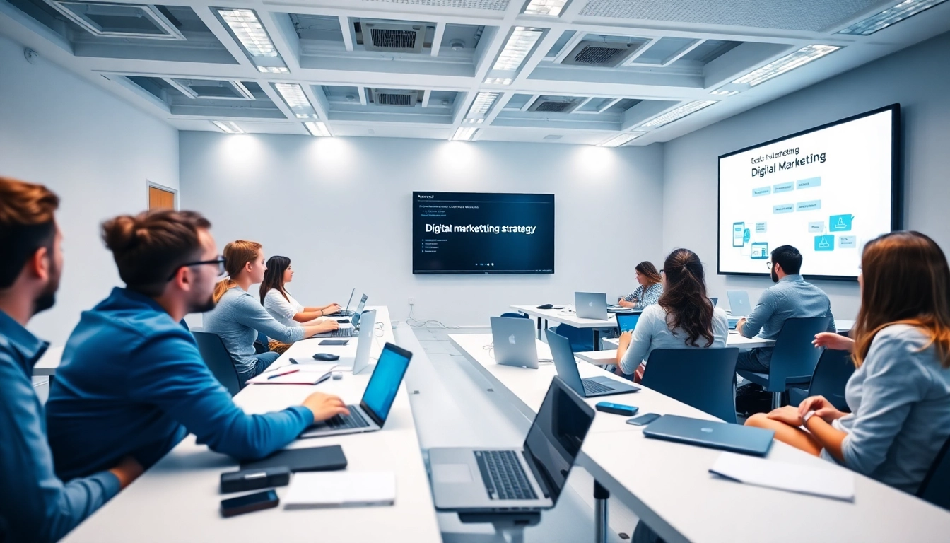 Students in a dynamic learning environment for the Digital Marketing Diploma Cyprus program, focusing on hands-on training.