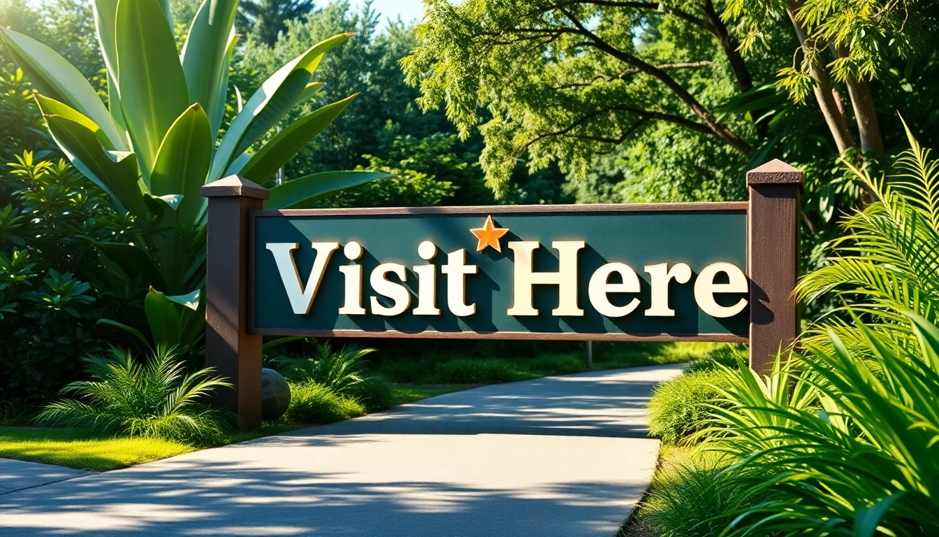 Inviting sign displaying 'Visit Here' surrounded by vibrant greenery, ideal for outdoor travel inspiration.