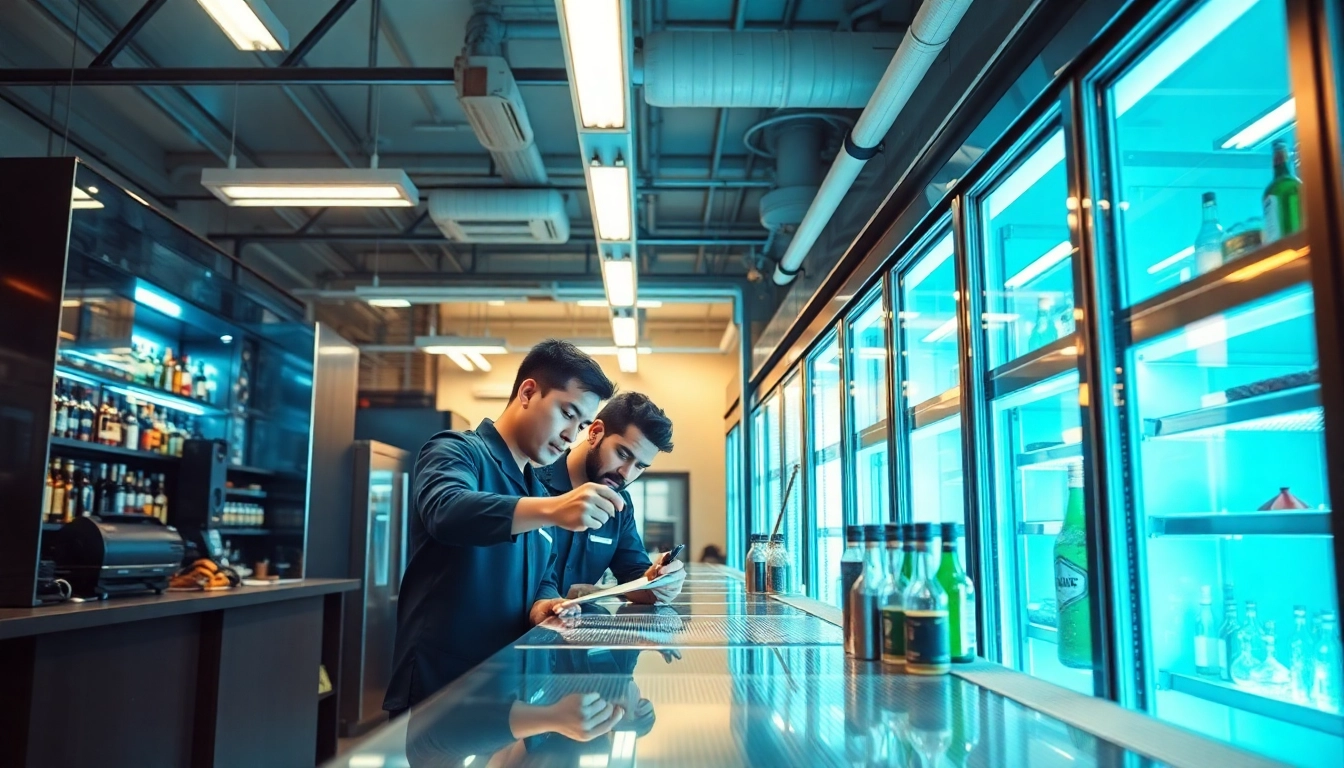 Technicians performing bar refrigeration repair on modern equipment ensuring optimal cooling.