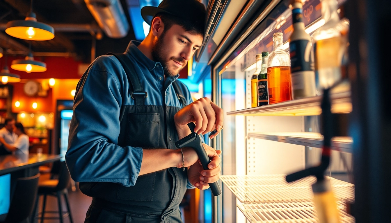 Technician conducting bar refrigeration repair on a cooler, emphasizing skilled service.