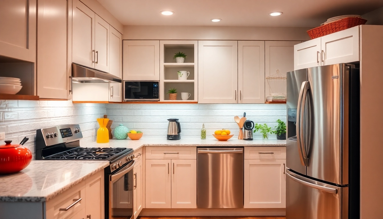 Display affordable kitchen appliances in a stylish modern kitchen with warm lighting and stainless steel details.