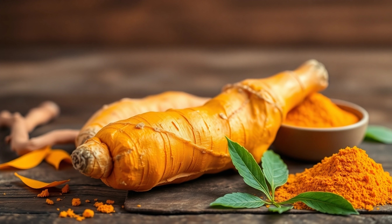 Showcasing Turmeric Root on a rustic wooden table with vibrant colors and earthy elements