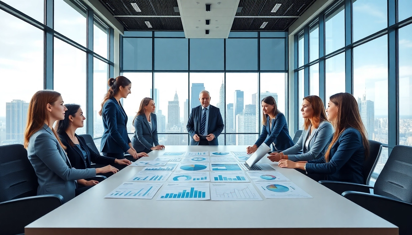 Engaged professionals strategizing trade marketing tactics in a modern office setting.