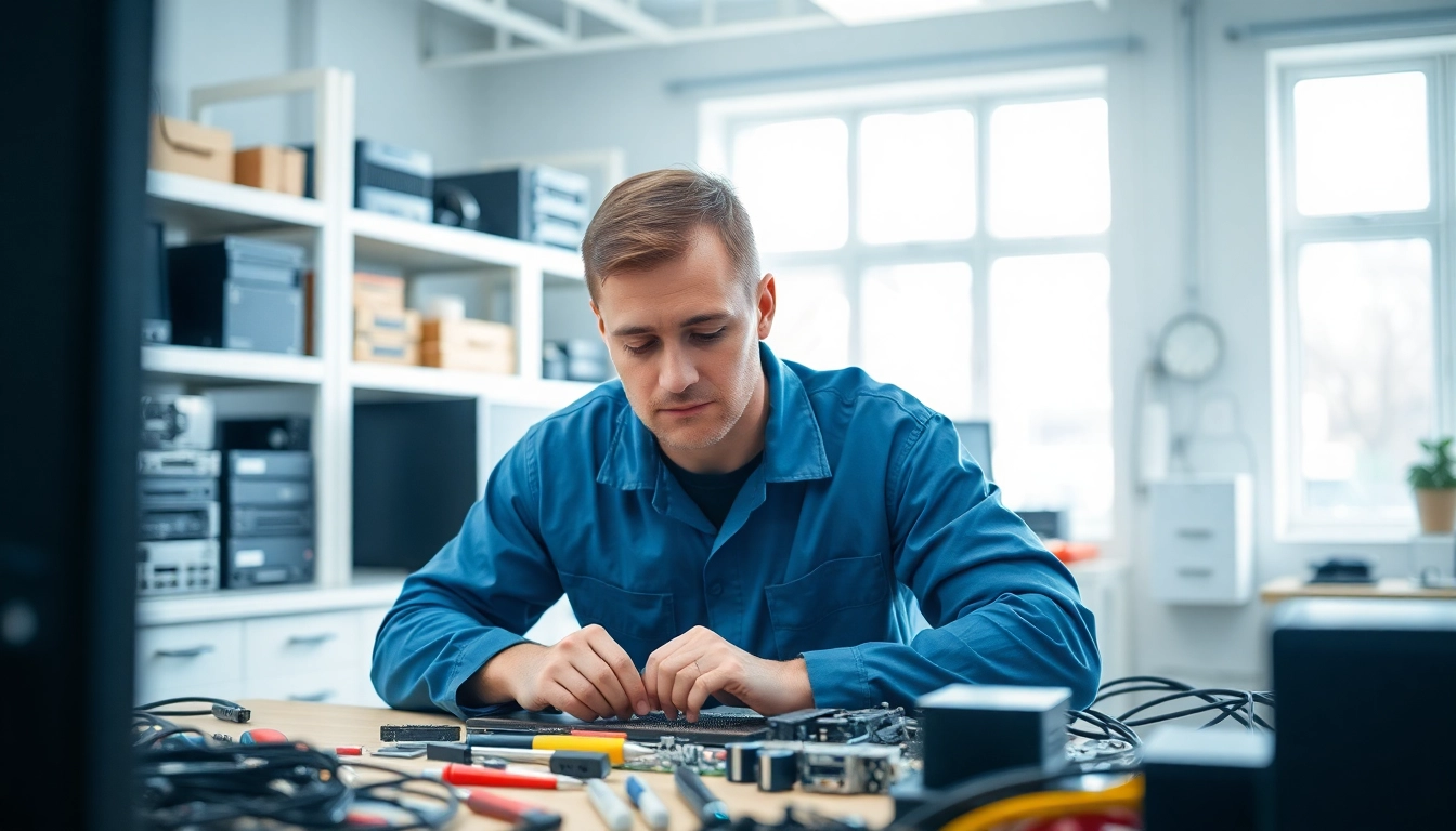 Riparazione computer torino con tecnico specializzato al lavoro in un negozio ordinato.