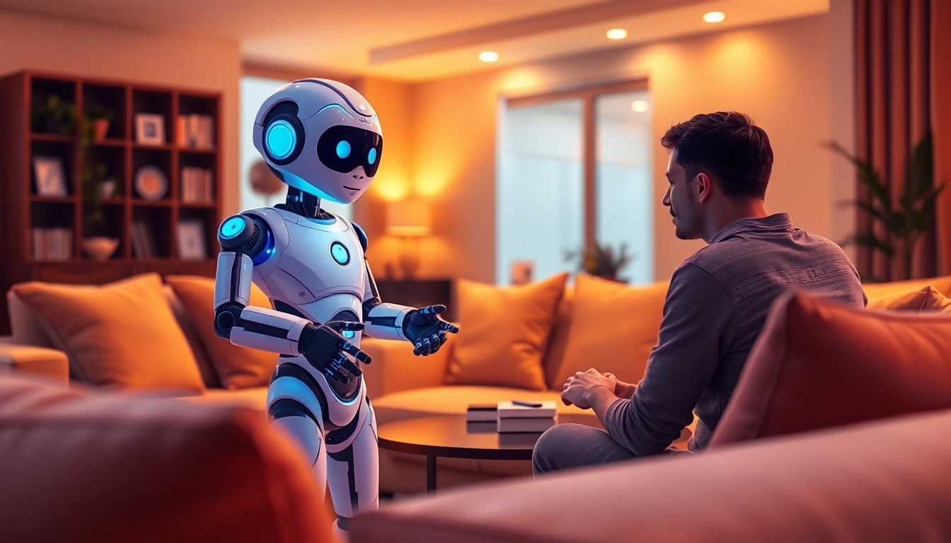 Engaging with a sex chat bot in a cozy living room setting, illustrating a friendly interaction.