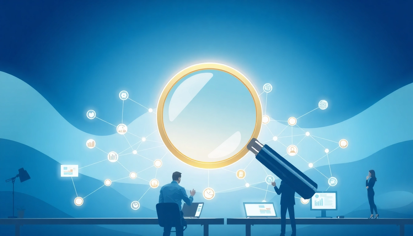 Find competitor customers using a magnifying glass over a vibrant business network.