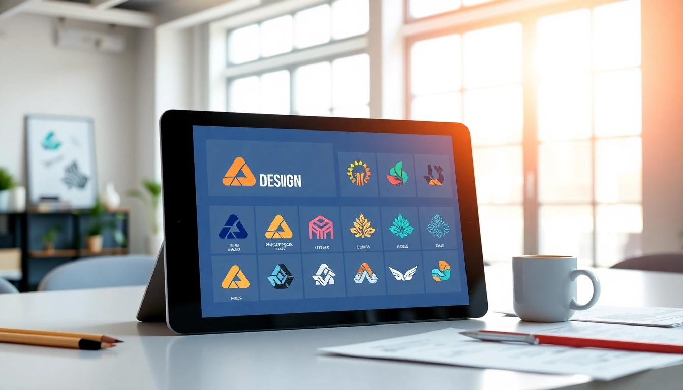 Create a stunning custom AI logo design in a vibrant office environment featuring design tools and sketches.