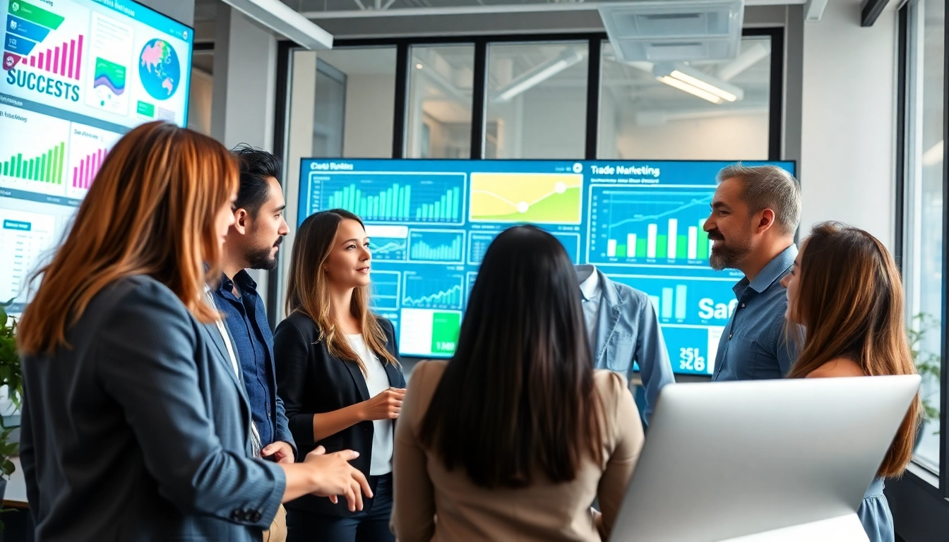 Trade marketing team collaborating effectively in a bright, modern office environment, showcasing strategic marketing insights.