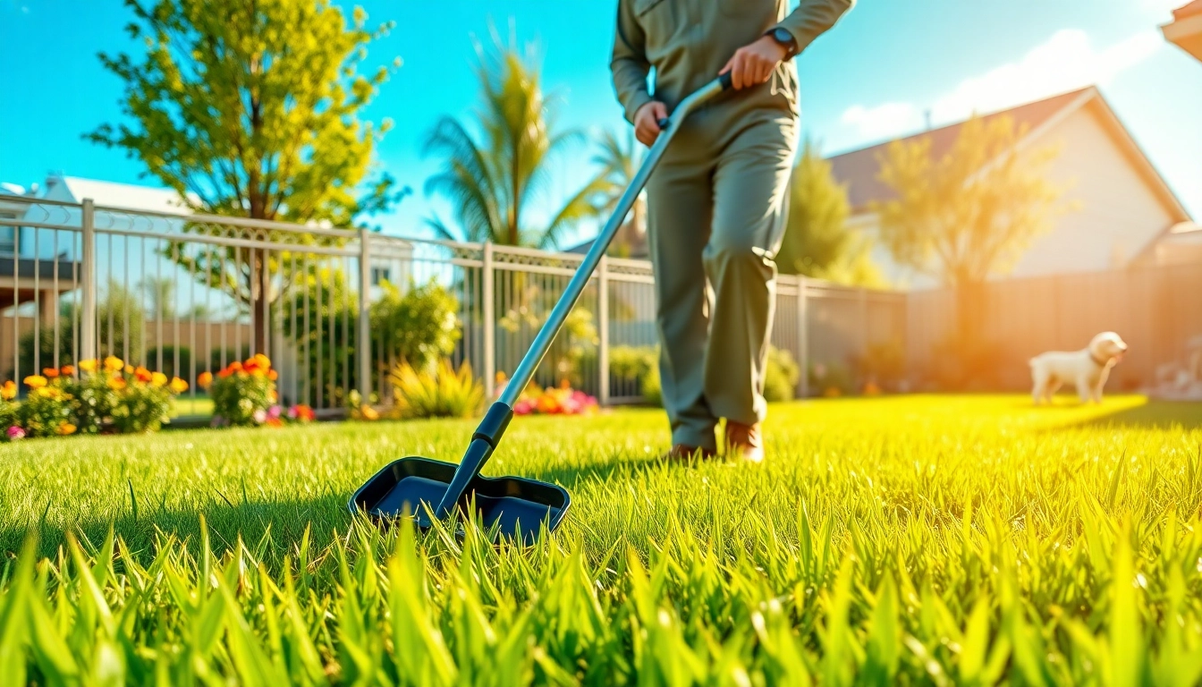 Dog clean up service technician expertly managing pet waste in a sunny, vibrant yard.