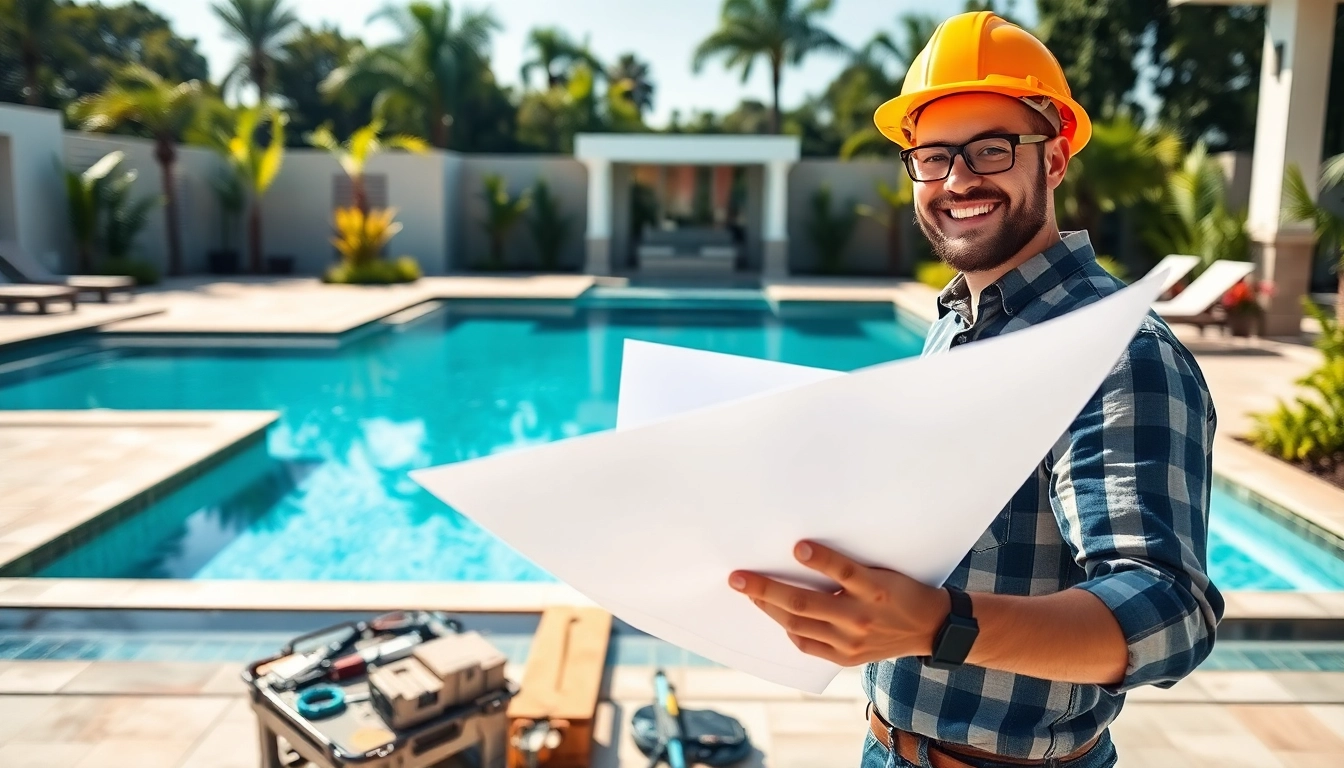 Skilled swimming pool builder assessing a luxury pool installation during a sunny day.