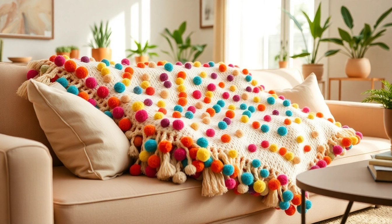 Cozy Moroccan Cotton Pompom Blankets adorn a sofa, showcasing vibrant colors and texture.