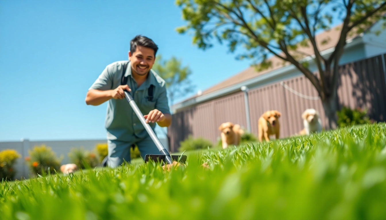 Efficient dog poop cleanup service highlighting a friendly technician in a clean yard.