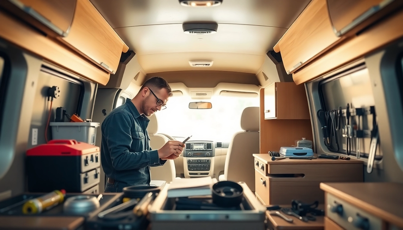 Mechanic providing camper van repair services in a professional workshop environment.