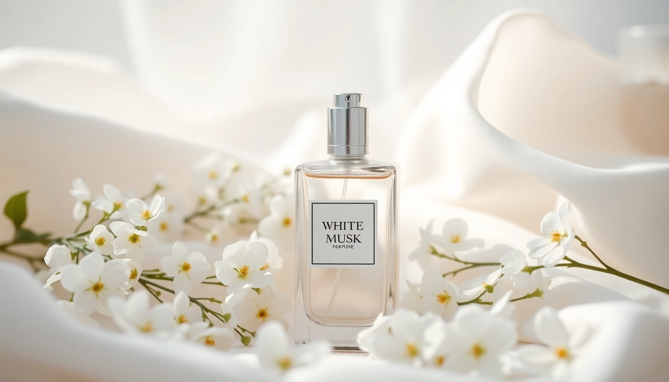 Appliquez un parfum à base de musc blanc dans une élégante bouteille sur un fond doux.
