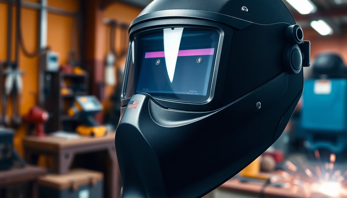 Showcasing a detailed welding mask with auto-darkening feature in a professional workshop setting.