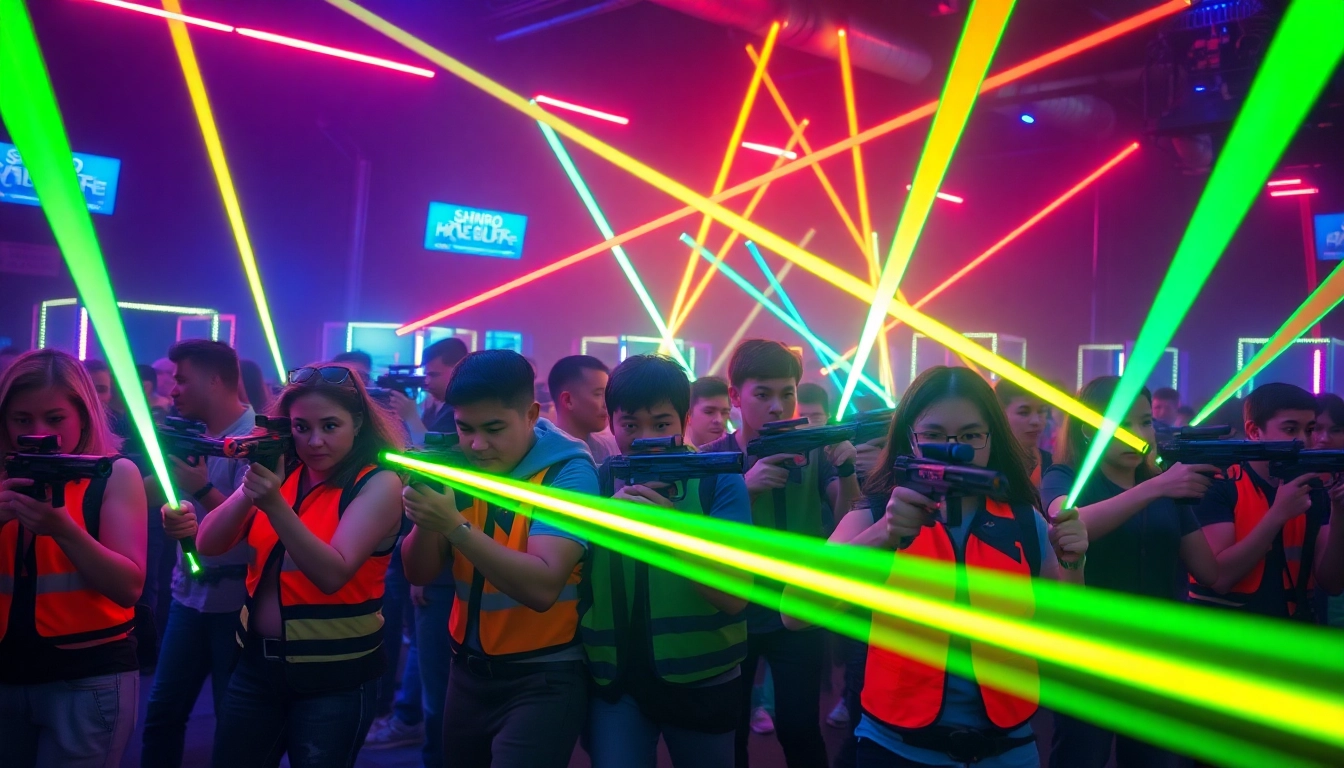 Participants engaging in an exciting game of laser tag in a vibrant arena filled with glowing lights.