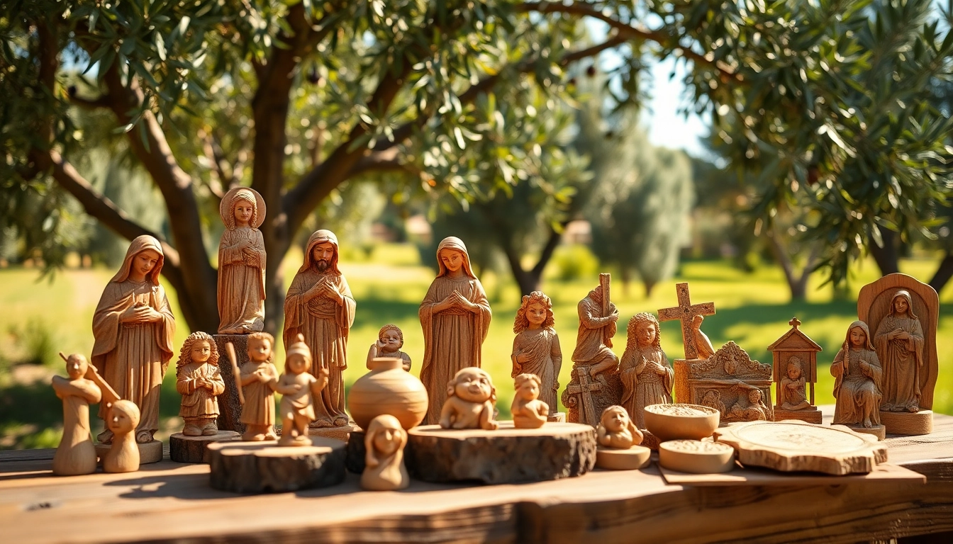 Olive wood carvings arranged artistically on a rustic table, highlighting their intricate details and natural beauty.