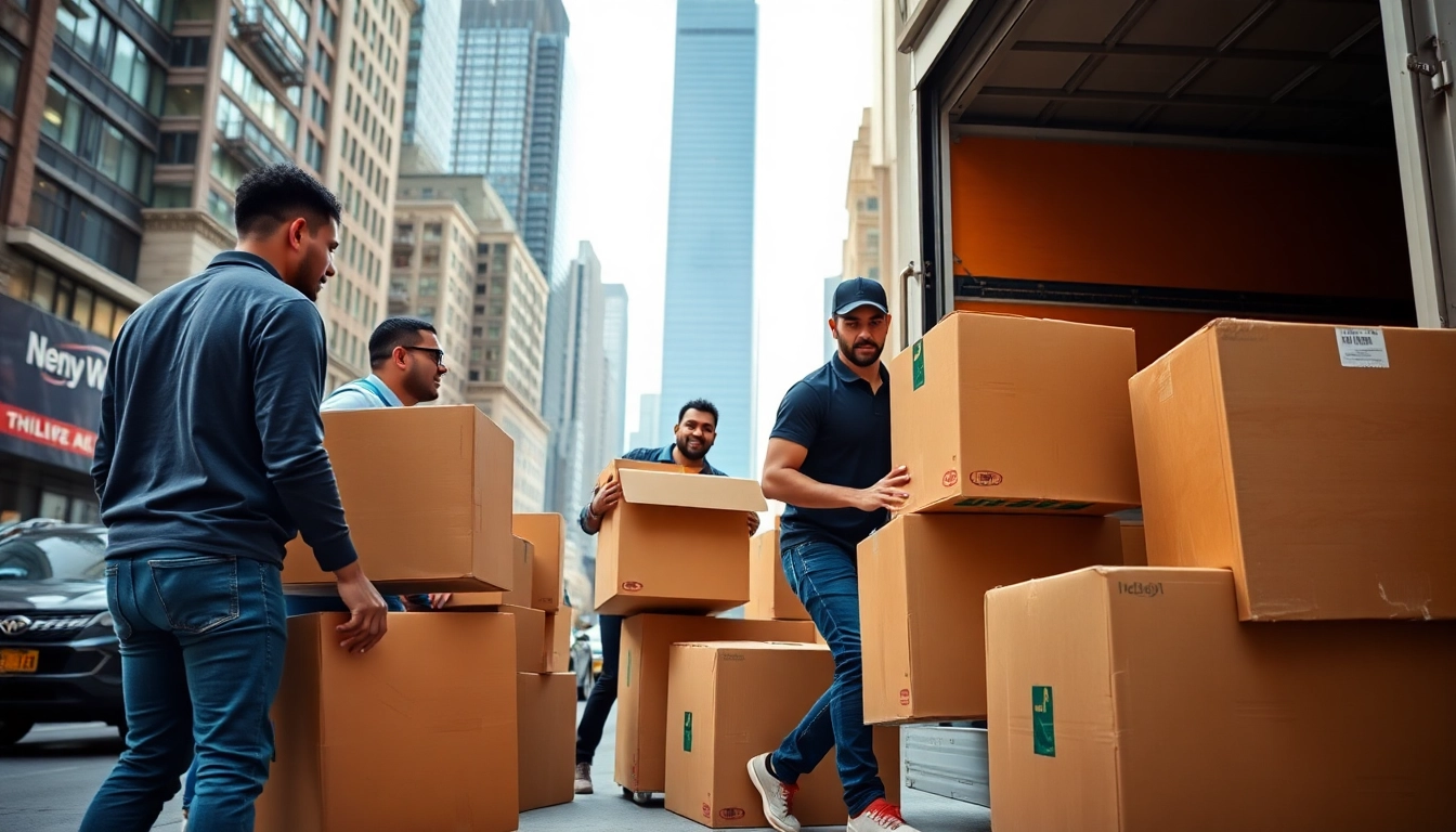 Best movers nyc team efficiently loading a truck with skyline in the background