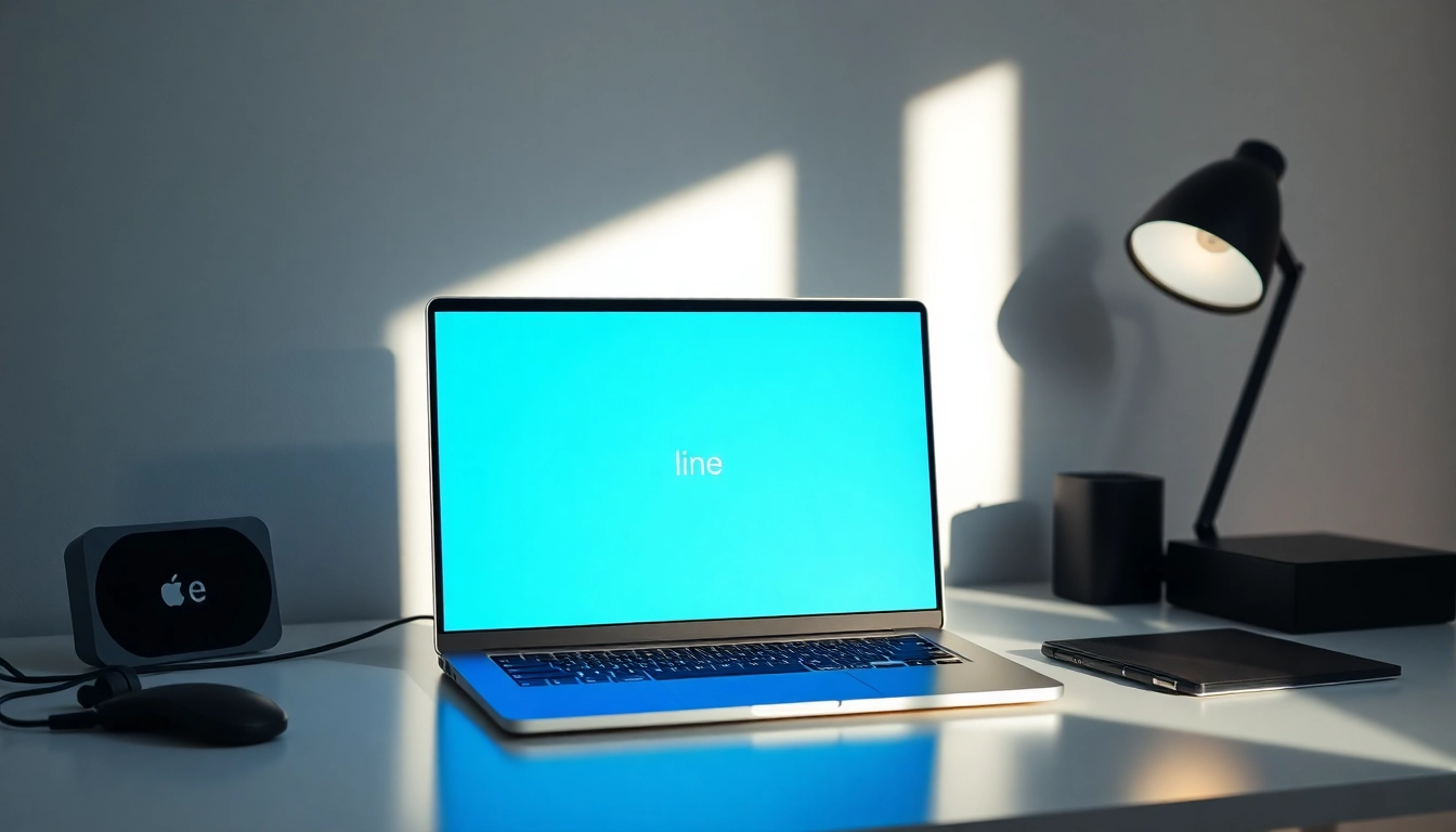 Downloading line電腦版下載 on a laptop in a modern workspace with a minimalist aesthetic.
