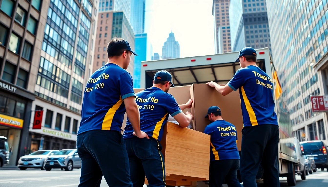 Best movers NYC packing furniture efficiently in a bustling New York street scene.