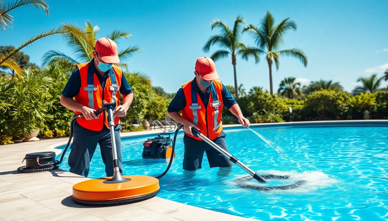 Engaging swimming pool service Pinellas County image showcasing maintenance professionals at work.