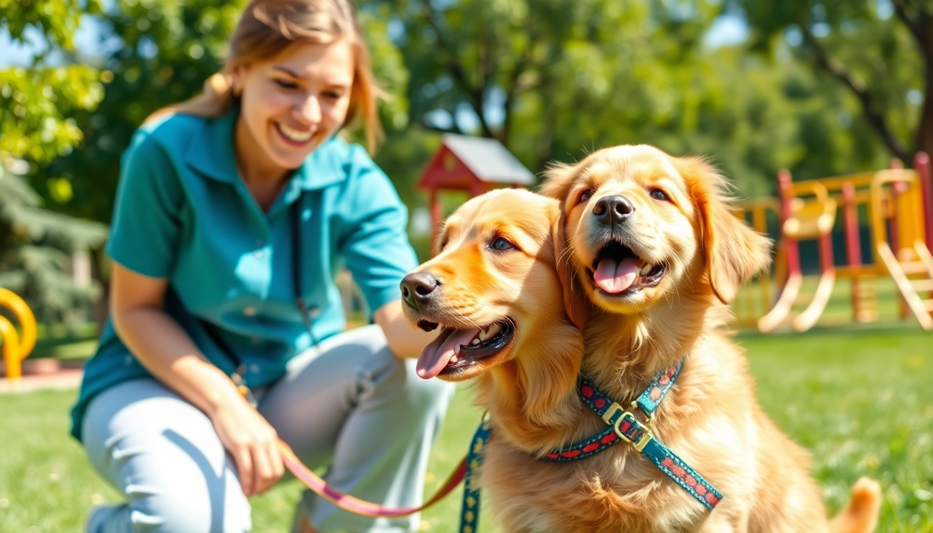 Engaging dog training Irvine session with a happy trainer and a playful golden retriever puppy.