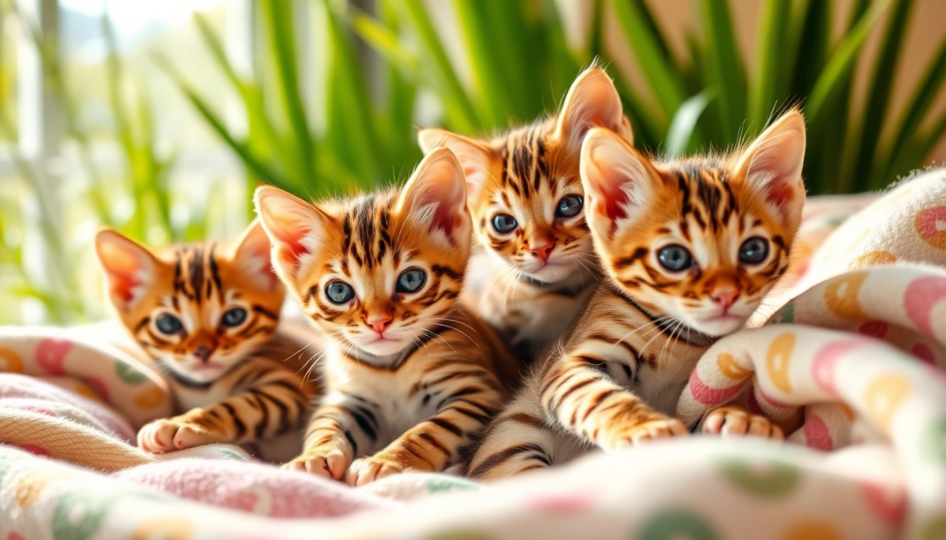 Playful Bengal kittens for sale showcasing their unique rosetted coats in an inviting cattery.