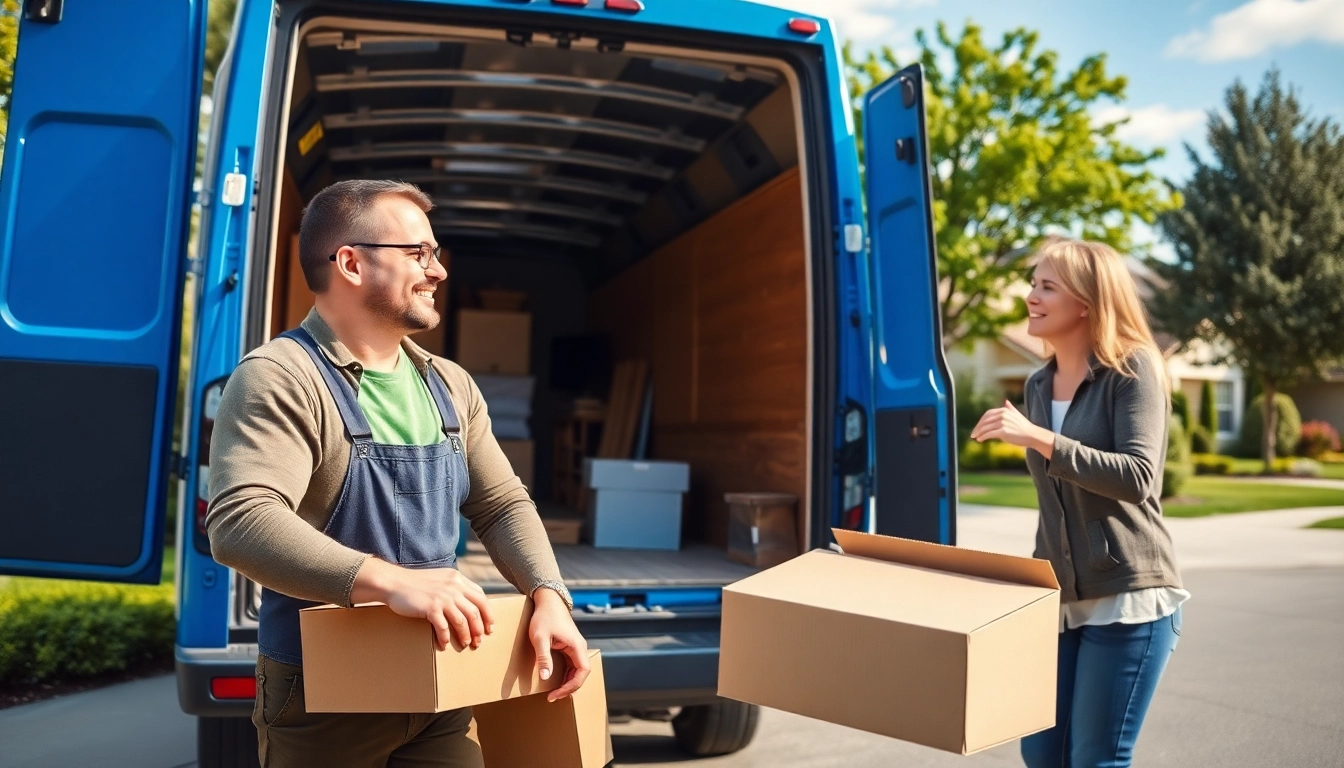 Man and van moving service assisting with loading and transporting in a friendly neighborhood setting.