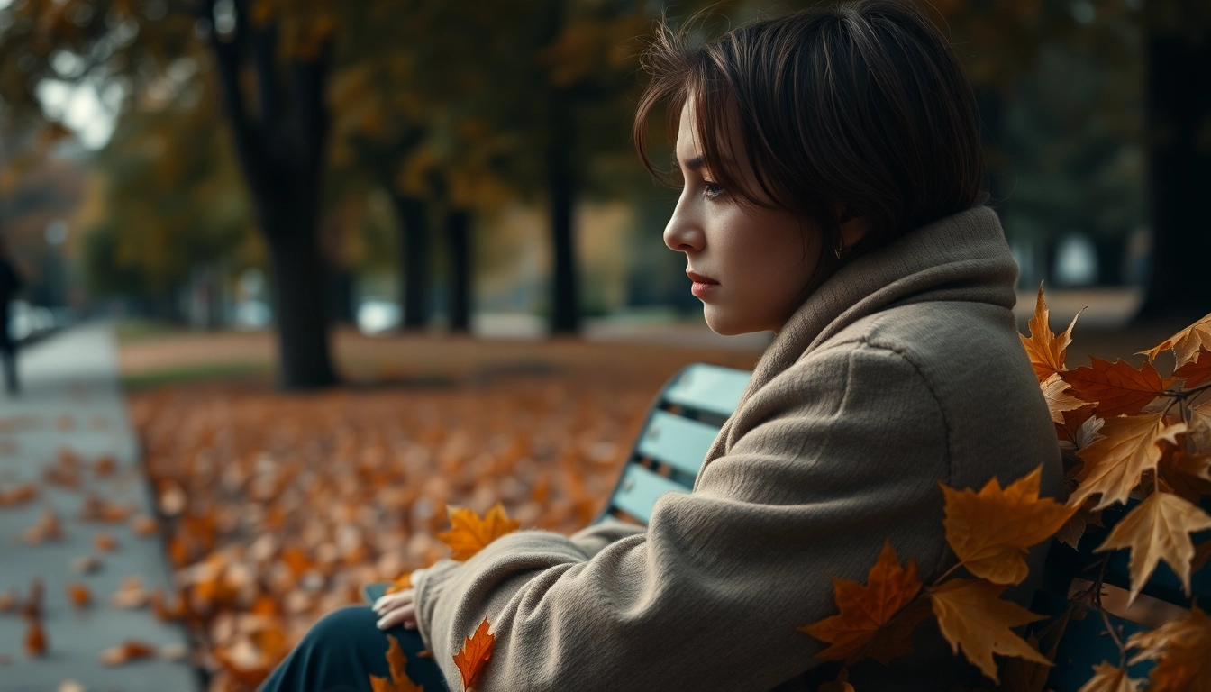 Person dealing with grief while reflecting in a serene park setting surrounded by autumn leaves