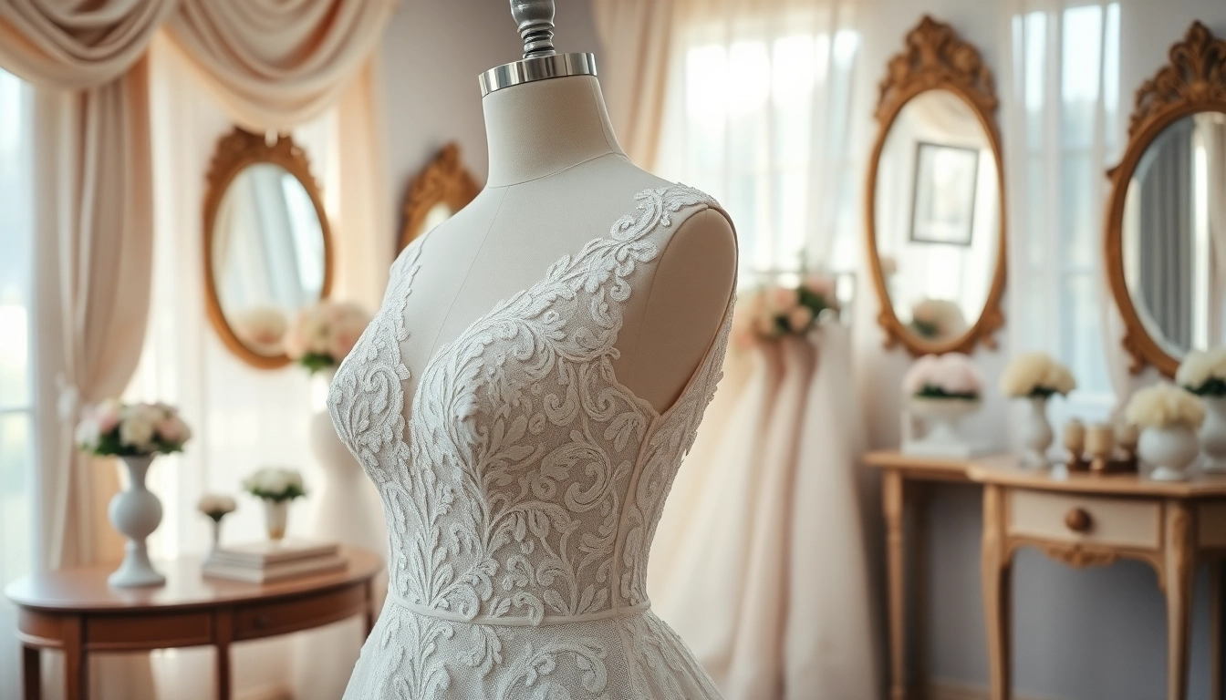 Stunning lace wedding dresses displayed elegantly in a boutique, showcasing intricate details.