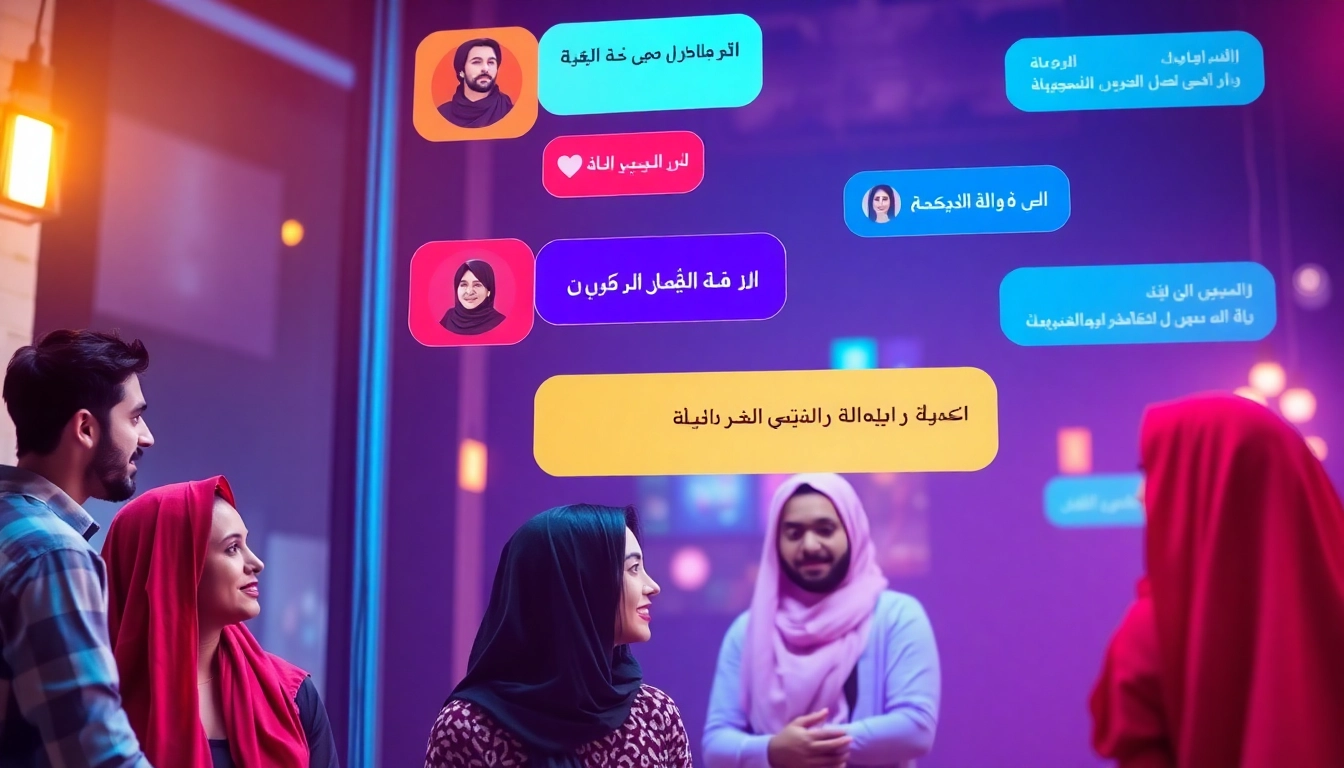 Engaging شات عربي conversation between users featuring colorful chat bubbles and a friendly interface.