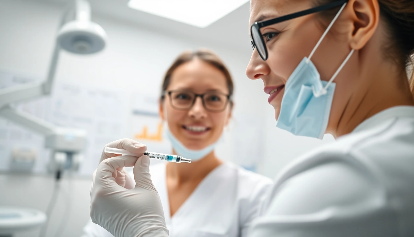 Healthcare provider administering injectable weight loss treatment to a hopeful patient in a professional setting.