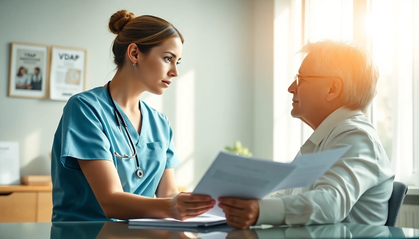 Engaged nurse discussing options within the VDAP Program with a legal advisor in a calming office environment.
