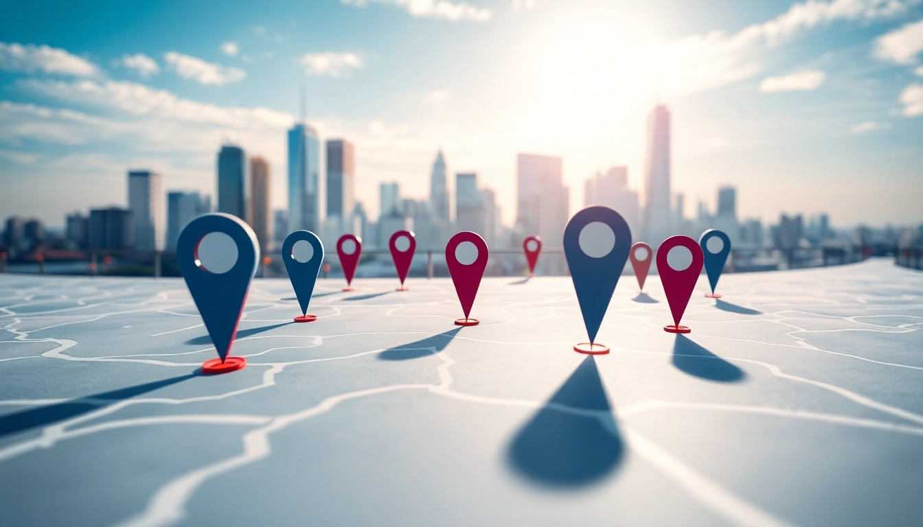 Visual representation of Locations highlighted on a map with city skyline.