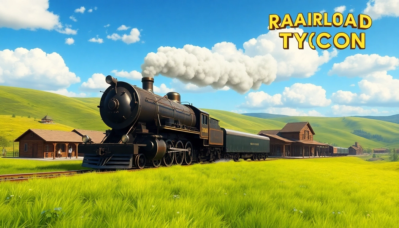 Experience the excitement of railroad tycoon free download with a vintage train on a lush landscape.