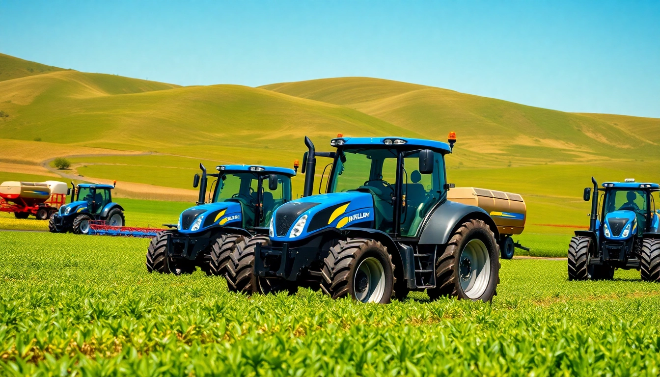Neue Holland Traktoren und Maschinen im Einsatz auf einem lebhaften Feld mit modernster Landwirtschaftstechnik.